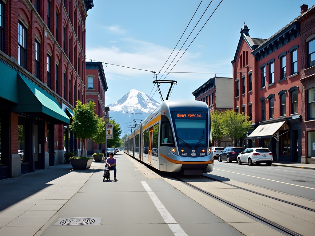 Free Tacoma Link Light Rail train passing through downtown with historic architecture and Mount Rainier visible
