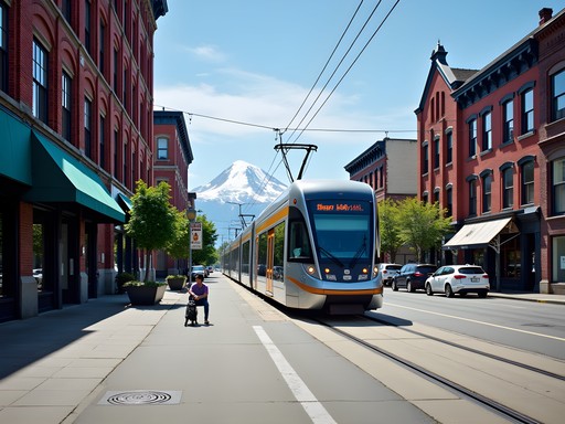 Free Tacoma Link Light Rail train passing through downtown with historic architecture and Mount Rainier visible