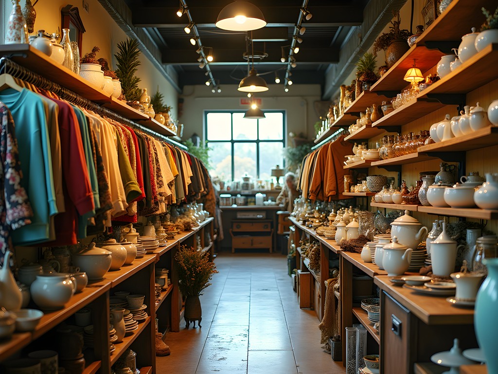 Colorful display of vintage items and ceramics in a Tacoma thrift store with treasure-hunting shopper