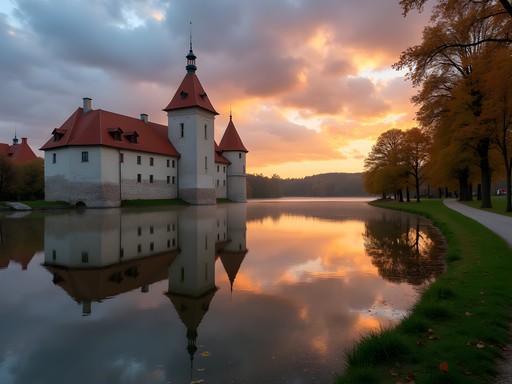 Telc chateau reflected in lake at sunset with walking path