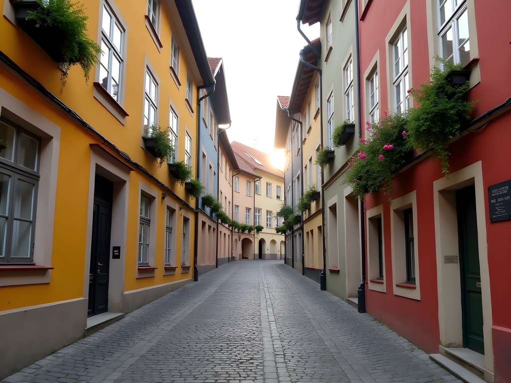 Narrow cobblestone streets of Telc with colorful buildings in morning light