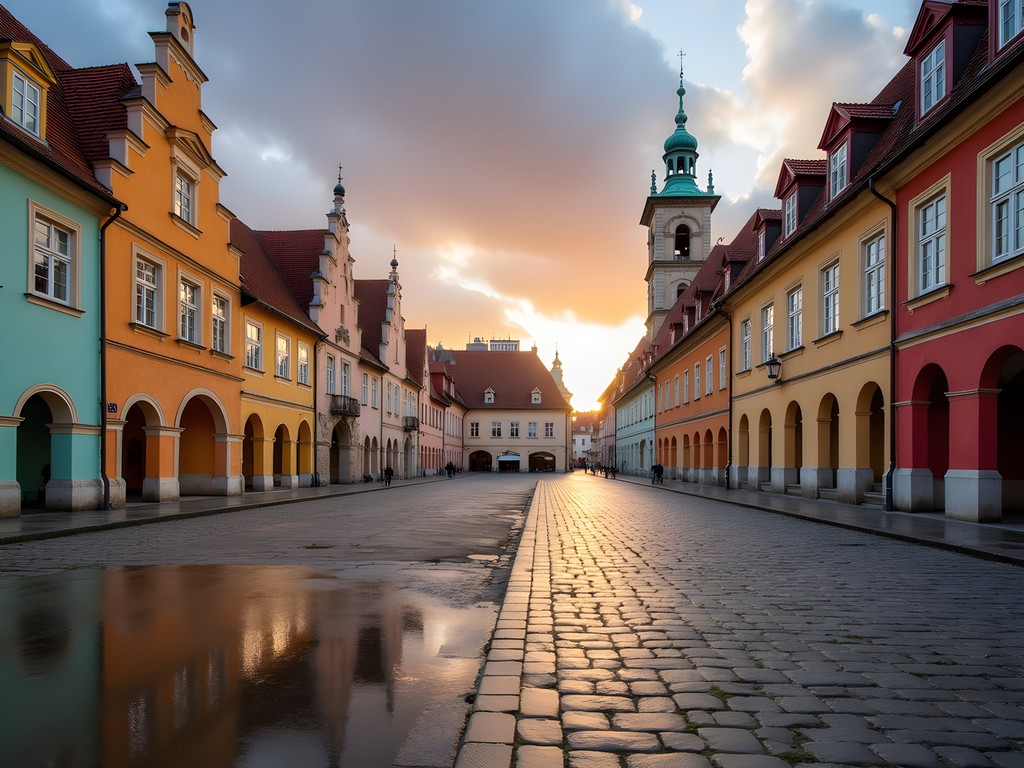 Colorful Renaissance buildings on Telc's main square at sunrise with no tourists