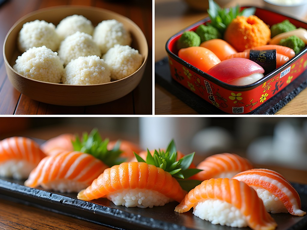 Collage of affordable Tokyo food options including convenience store onigiri, standing sushi restaurant, and discounted bento box