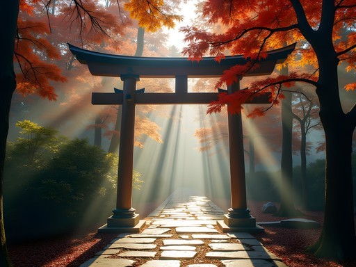 Peaceful morning at Meiji Shrine with autumn foliage and traditional torii gate