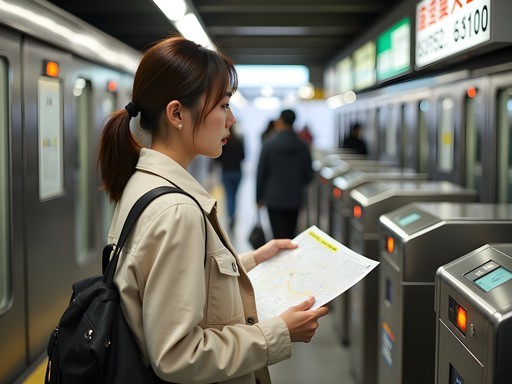 Senior traveler navigating Tokyo subway with Suica card and map
