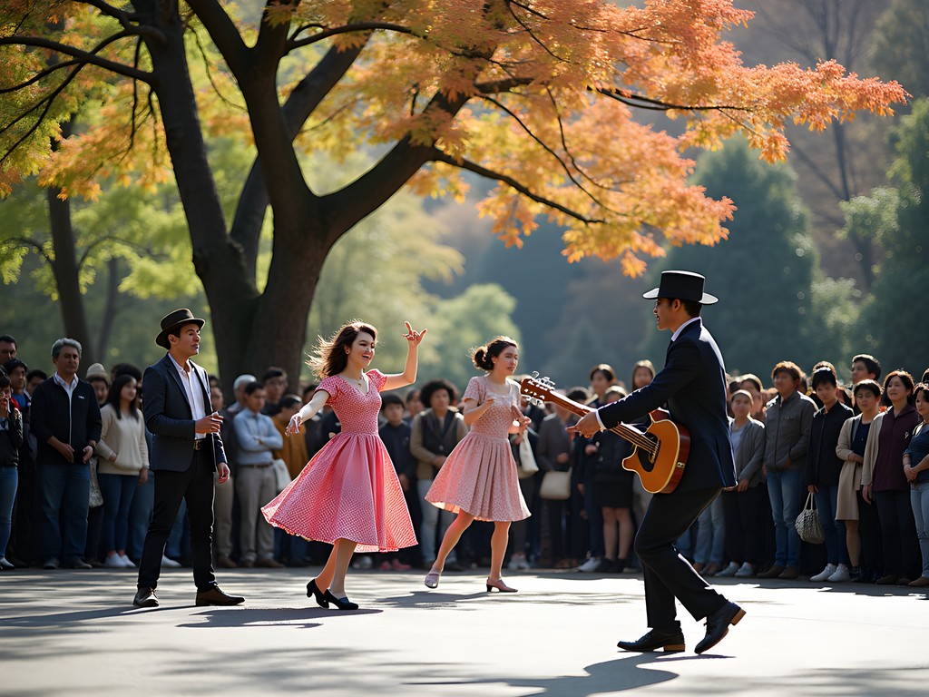 Senior traveler enjoying cultural performances at Yoyogi Park on Sunday with Japanese performers and audience