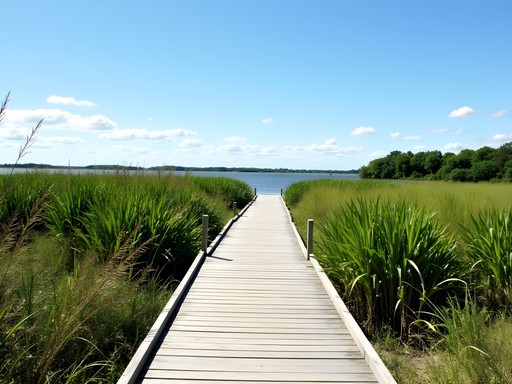Wooden boardwalk trail through marshland at Cattus Island County Park