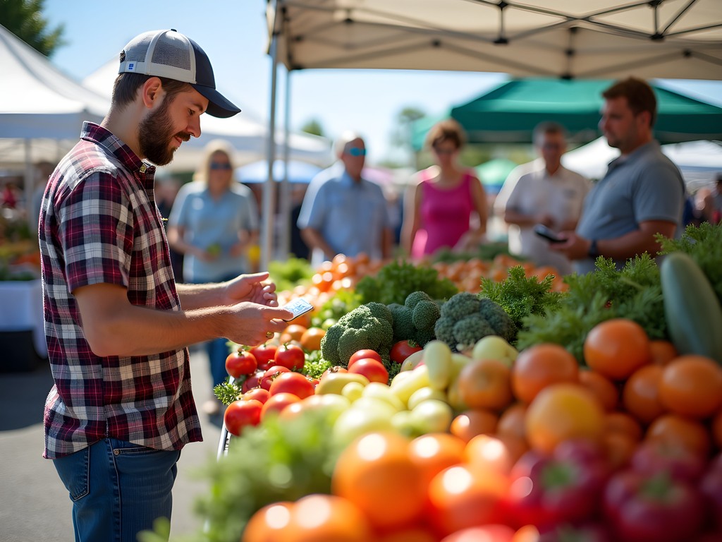 Fresh produce at Toms River Farmers Market with shoppers selecting vegetables