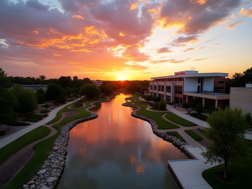 Sunset at The Gathering Place park in Tulsa with architectural elements