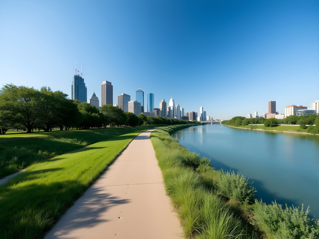 Cycling on River Parks Trail in Tulsa with city skyline view