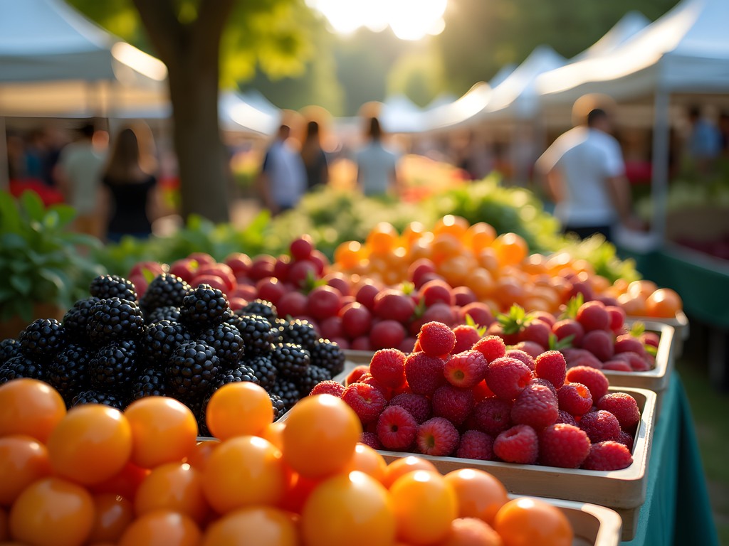 Colorful display of fresh local produce at Vancouver Farmers Market with shoppers browsing stalls