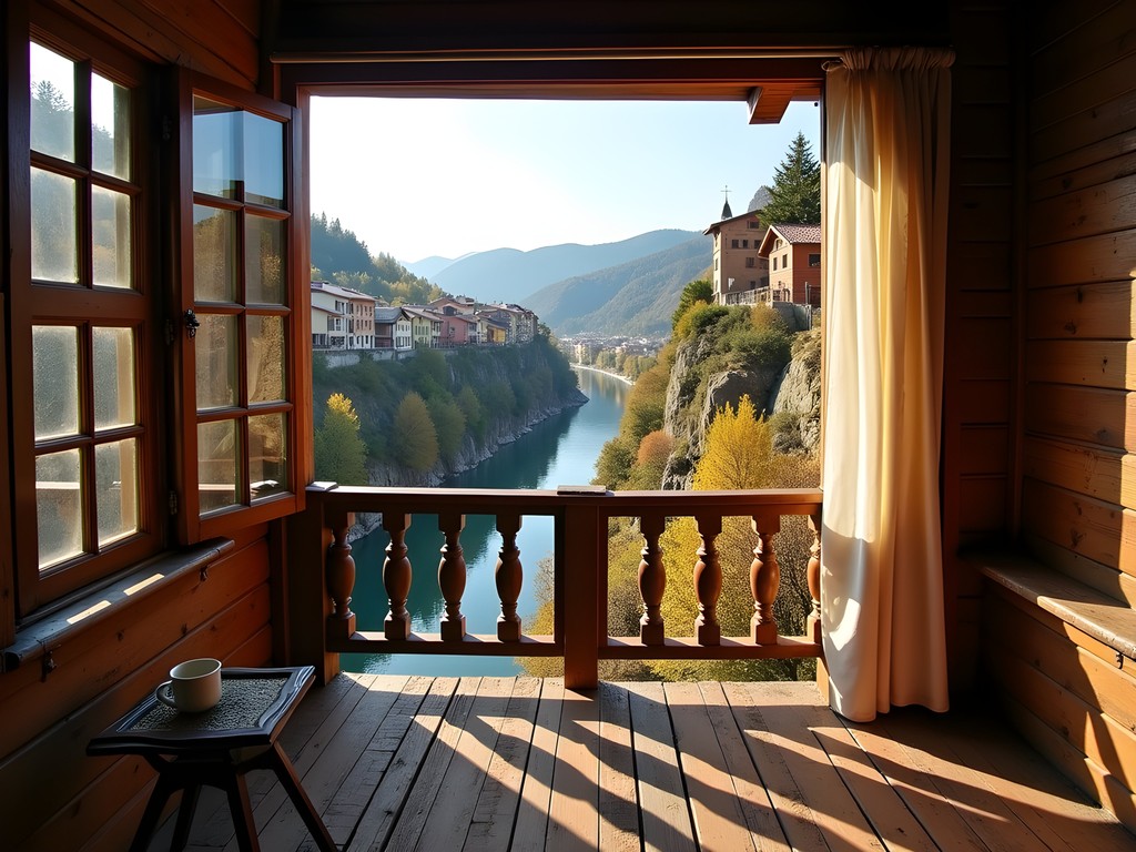 Budget hostel balcony view overlooking Veliko Tarnovo and Yantra River