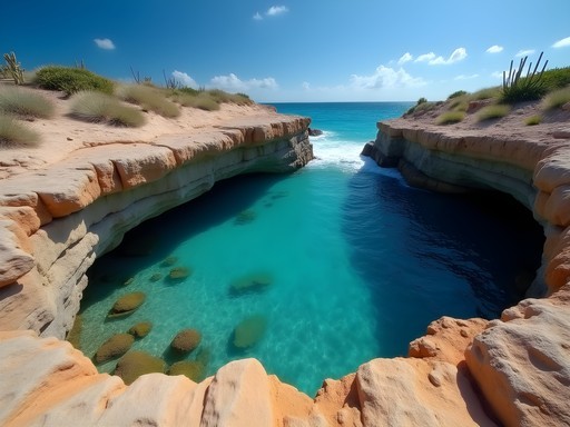 Natural pool formation in Arikok National Park, Aruba with dramatic coastline