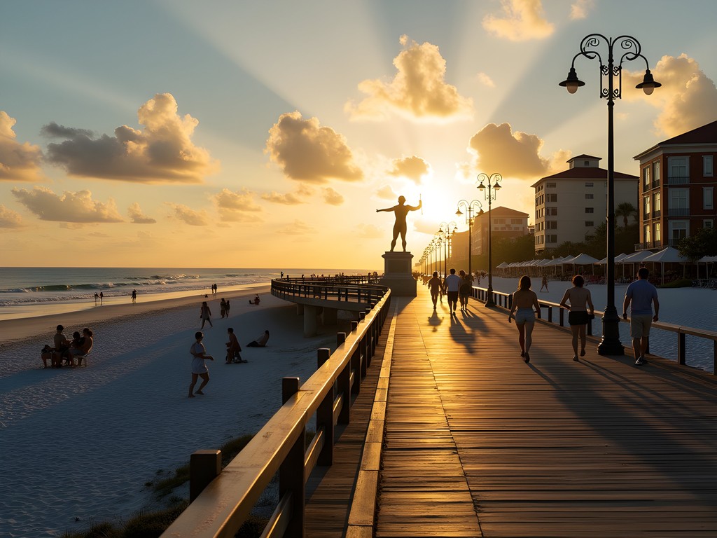 Sunrise over Virginia Beach boardwalk with few early morning visitors