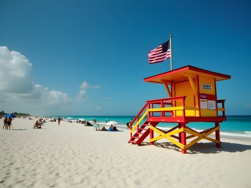 Colorful lifeguard stand on Virginia Beach with safety flags and swimmers