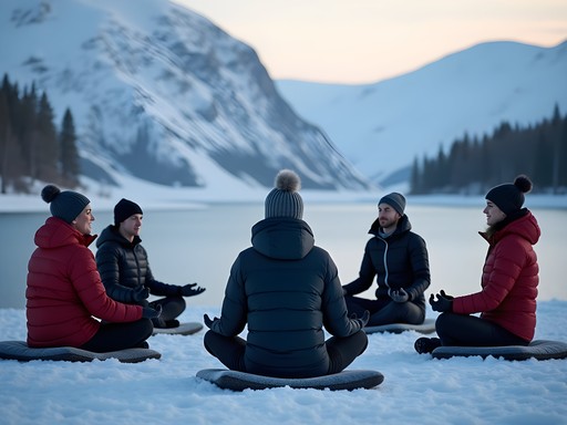 Corporate team meditation session on frozen Lake Torneträsk in Abisko