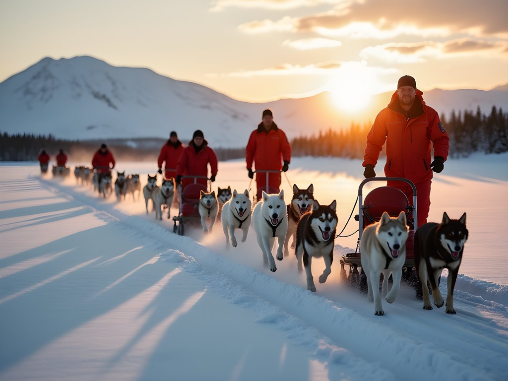 Corporate team on dogsledding expedition in Abisko National Park