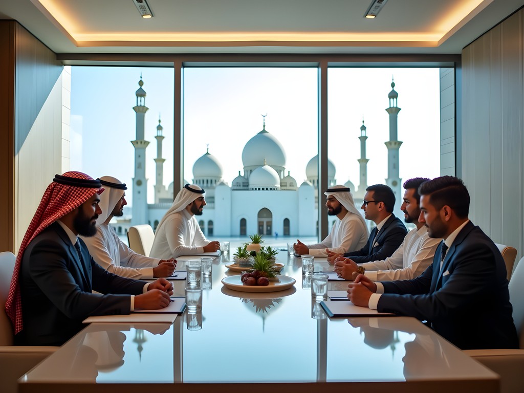 Business meeting in Abu Dhabi showing cultural exchange between international and Emirati executives