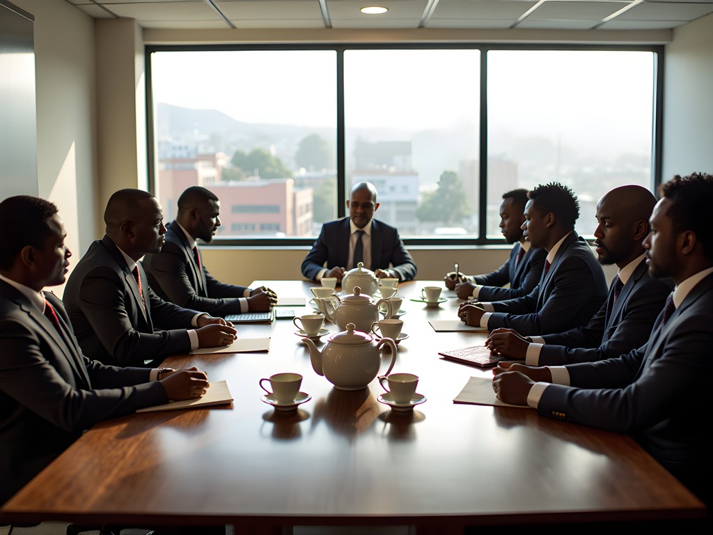 Business meeting between international visitors and local officials in Antsirabe with traditional tea service