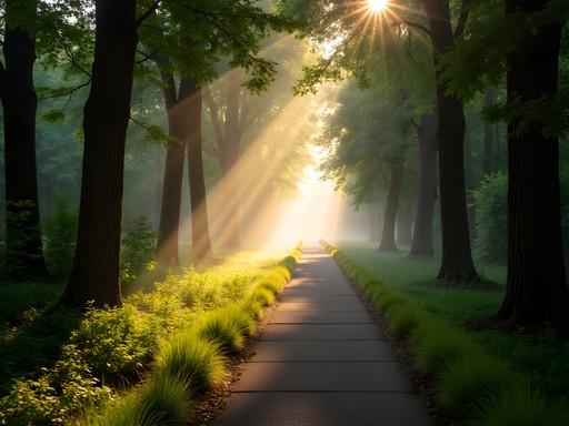 Sunlight filtering through trees on nature trail at River Legacy Parks in Arlington