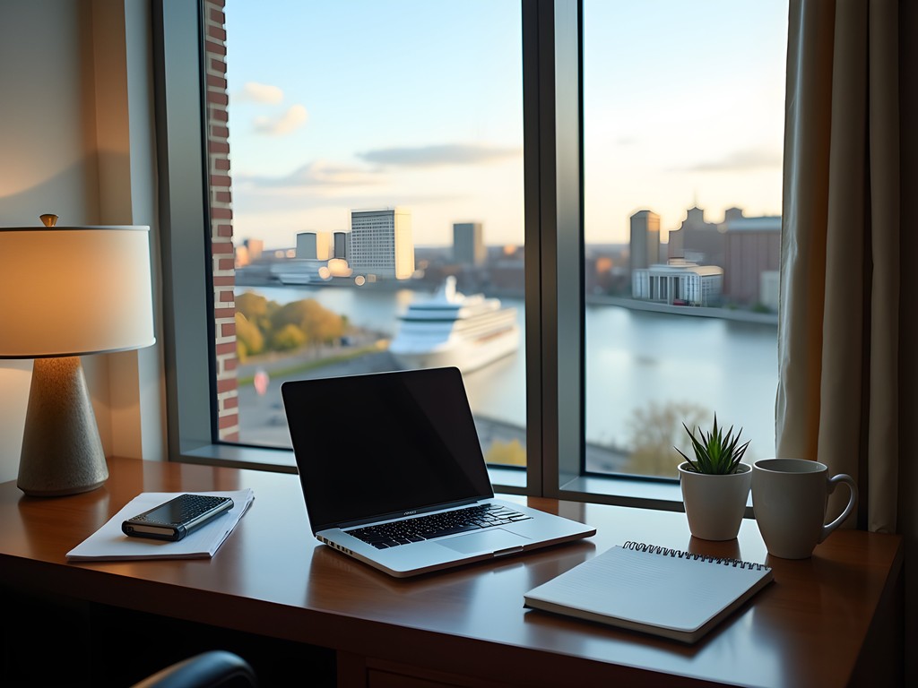Professional workspace setup overlooking Baltimore's Inner Harbor