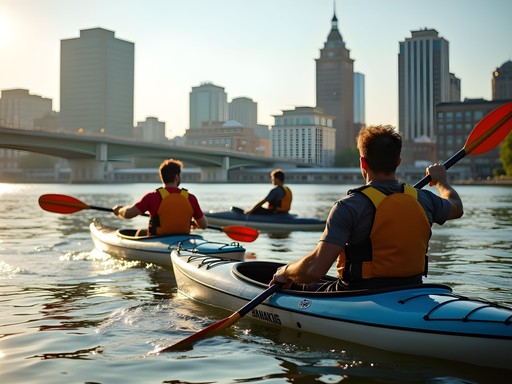Business professionals kayaking in Baltimore's Inner Harbor