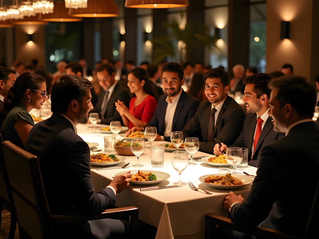 Elegant business dinner at an upscale Bangalore restaurant with traditional and modern elements