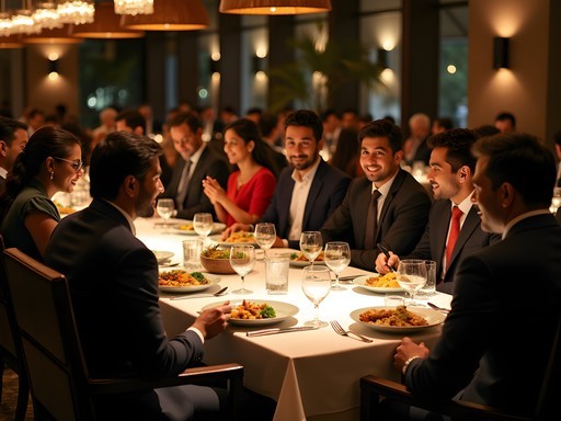 Elegant business dinner at an upscale Bangalore restaurant with traditional and modern elements