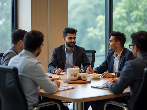 Business meeting between Indian and Western executives in a modern Bangalore office with traditional elements