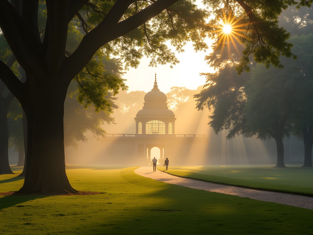 Early morning light in Lalbagh Botanical Garden with historic glasshouse and business professionals walking