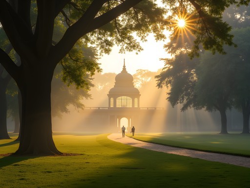 Early morning light in Lalbagh Botanical Garden with historic glasshouse and business professionals walking