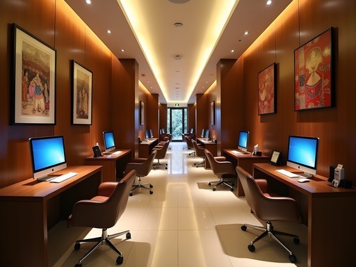 Elegant business center in a luxury Bangalore hotel with traditional Indian design elements and modern technology
