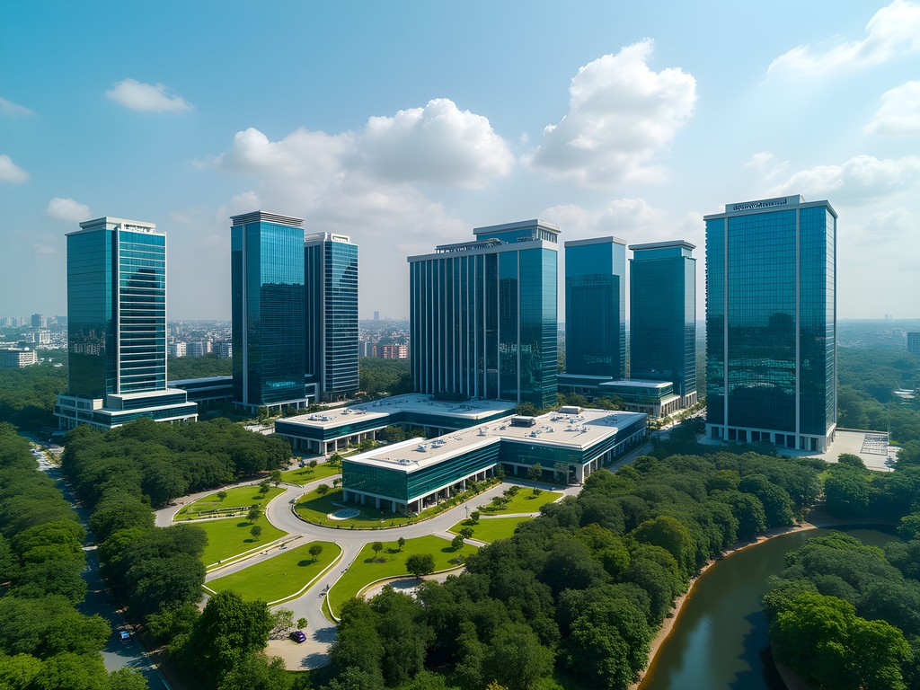Aerial view of International Tech Park Bangalore with modern glass buildings surrounded by greenery