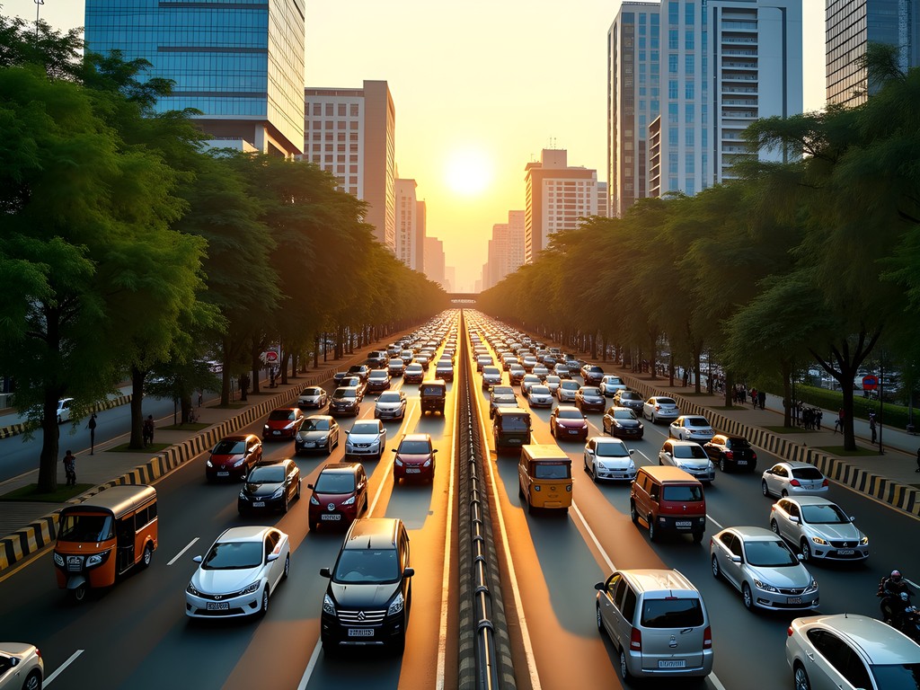 Heavy traffic in Bangalore's business district with modern office buildings and vehicles
