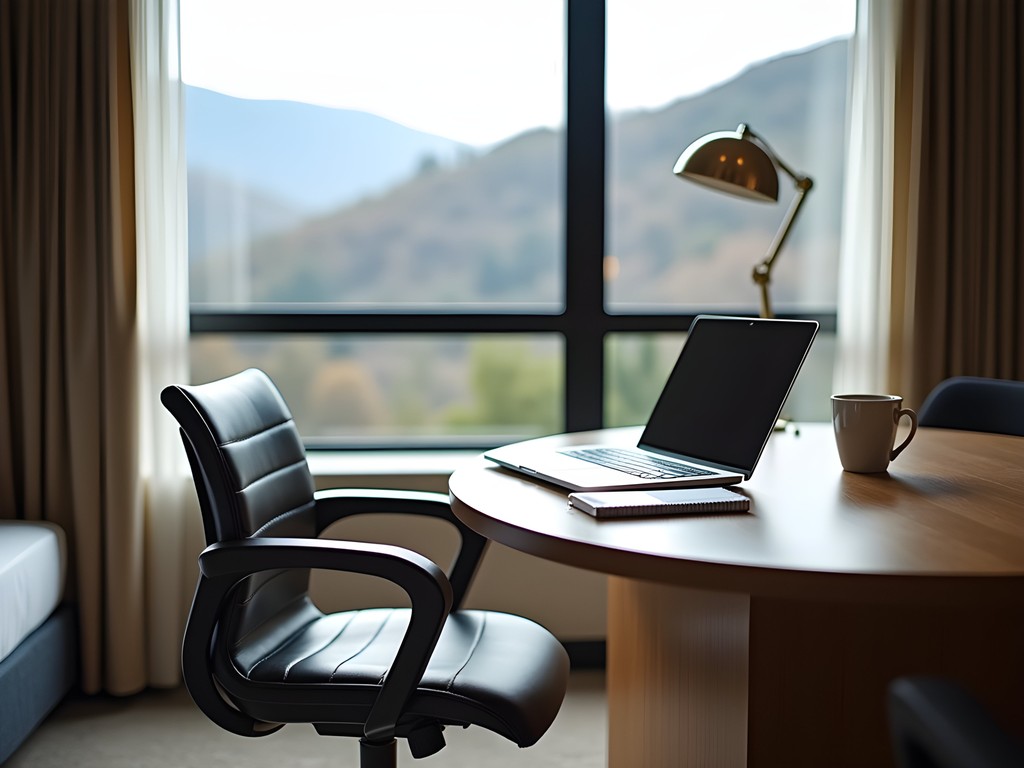 Business traveler working at desk in Beckley hotel room with mountain view