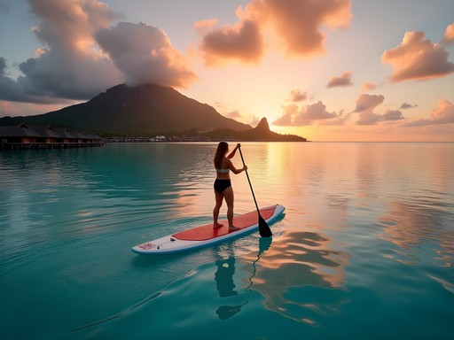 Woman paddleboarding at sunrise in Bora Bora lagoon before work