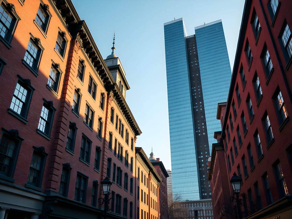 Striking architectural contrast between historic and modern buildings in Boston's cityscape