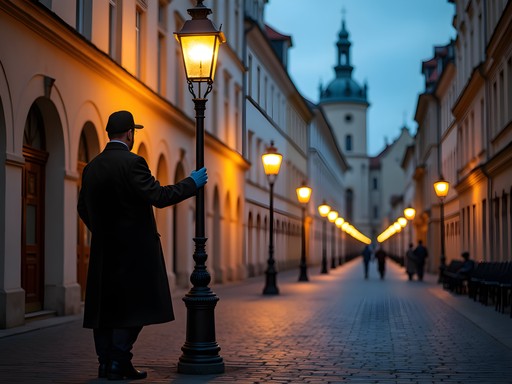 Traditional lamplighter lighting historic gas lamps on Sovetskaya Street in Brest