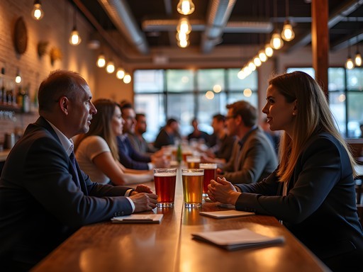 Business professionals networking at Brockton Beer Company after work hours