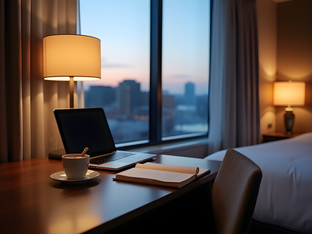 Well-appointed hotel business desk with laptop, notepad, and city view