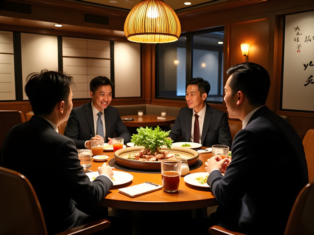 Business professionals networking over traditional Korean dinner in Busan restaurant