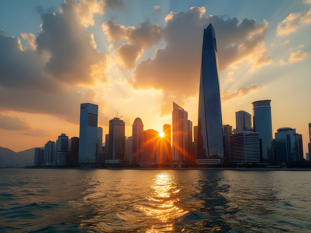 Busan Marine City business district skyline at sunset with ocean view