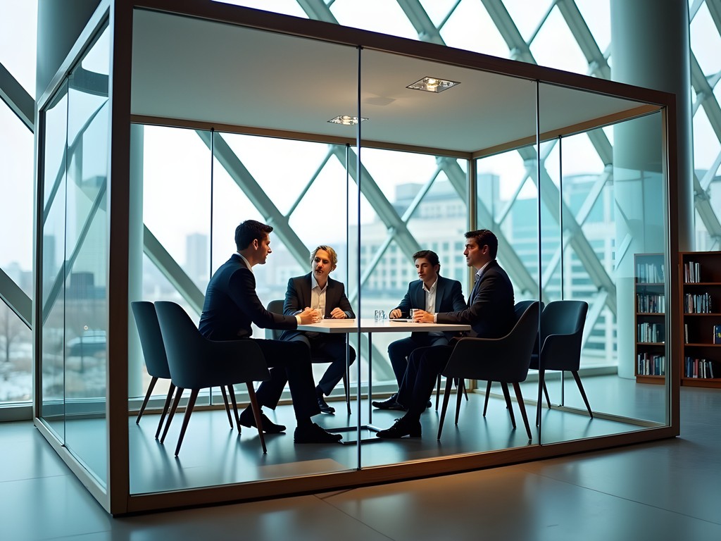 Business meeting in Calgary Central Library's modern meeting pod