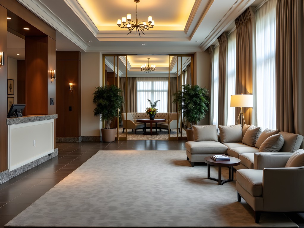 Elegant lobby of Hotel Carmichael in Carmel featuring comfortable seating areas and business amenities