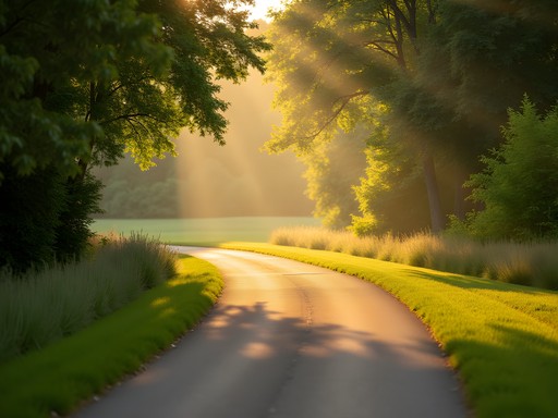 Early morning on the Monon Trail in Carmel with walking path surrounded by trees