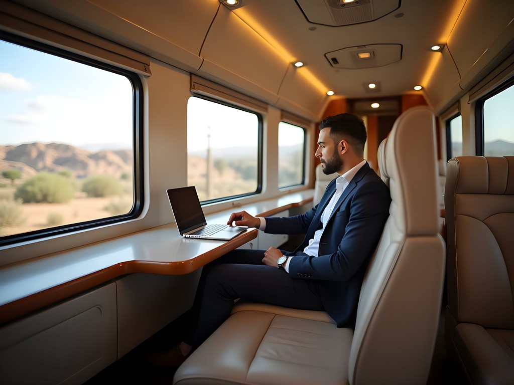 Executive working in Al-Boraq high-speed train first class cabin between Casablanca and Marrakech