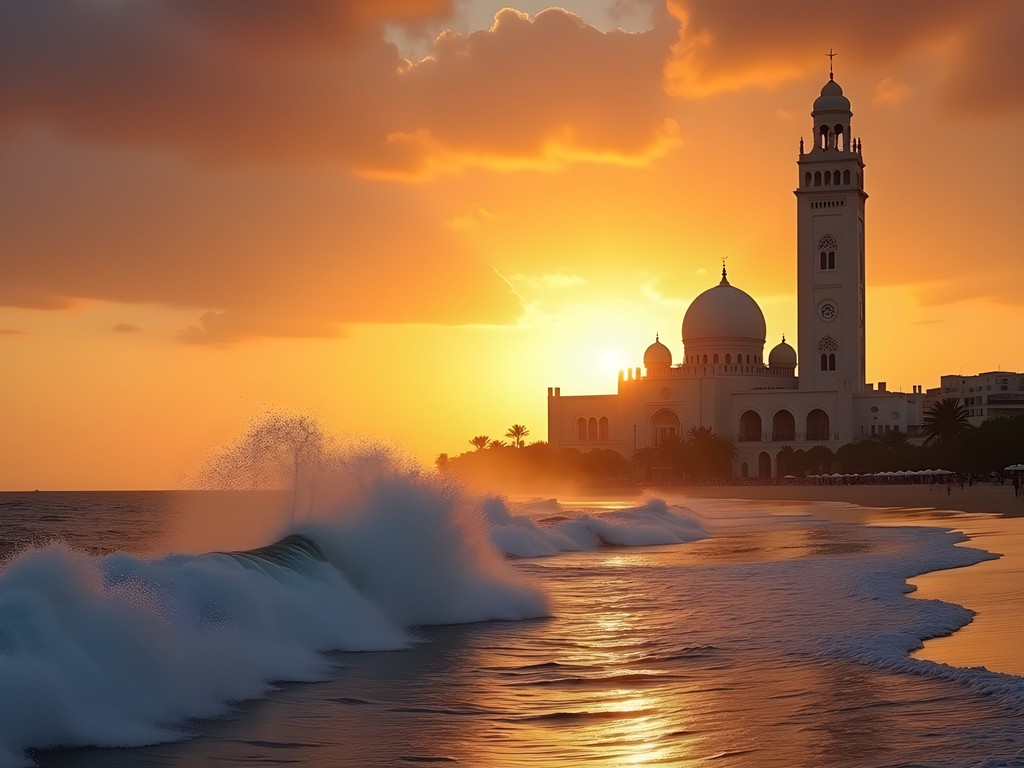 Hassan II Mosque in Casablanca at sunset with Atlantic Ocean backdrop