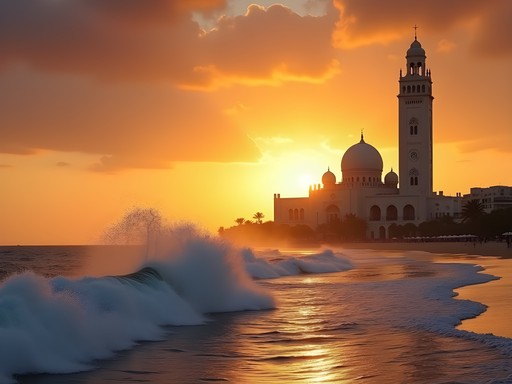 Hassan II Mosque in Casablanca at sunset with Atlantic Ocean backdrop
