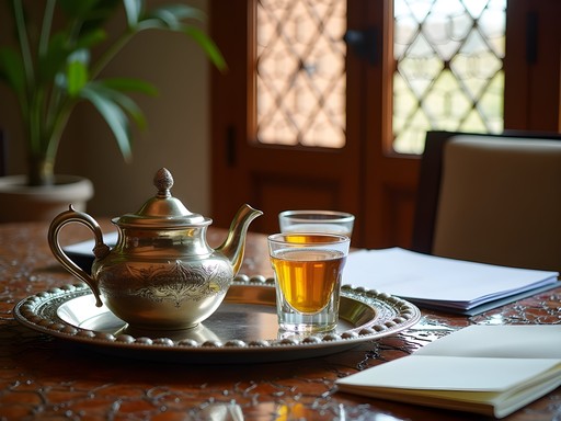 Traditional Moroccan mint tea service during business meeting in luxury setting