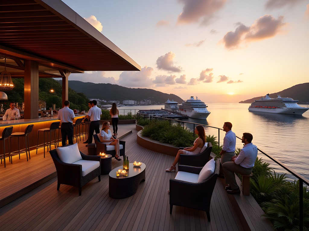 Business professionals enjoying sunset networking at Villa Norbu overlooking Charlotte Amalie harbor